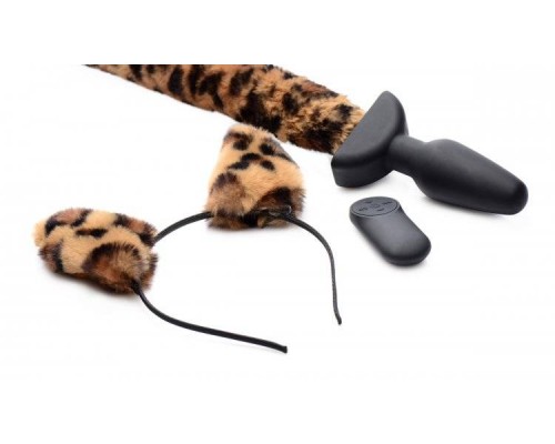 Xr Brands Waggerz Moving and Vibrating Leopord Tail and Ears - анальная пробка с хвостом, (леопардовый) 10.2х3.8см