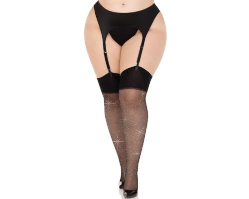 Чулки Leg Avenue Wide Top Rhinestone Sheer Stockings Black 1X/2X