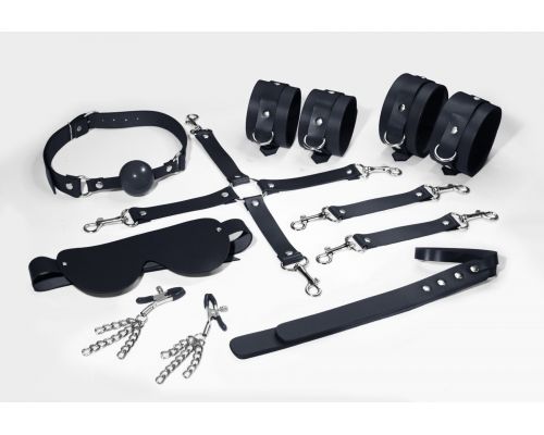 Набор Feral Feelings BDSM Kit 7 Black, наручники, поножи, коннектор, маска, паддл, кляп, зажимы