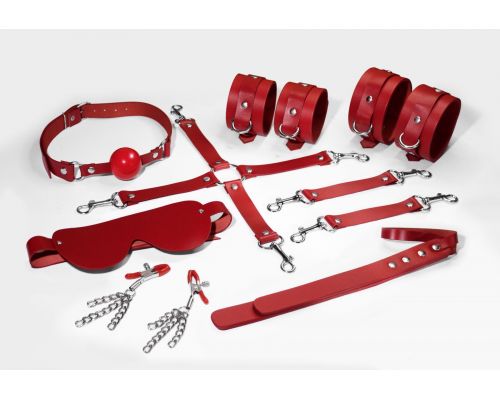 Набор Feral Feelings BDSM Kit 7 Red, наручники, поножи, коннектор, маска, паддл, кляп, зажимы