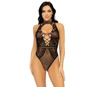 Leg Avenue Net and lace halter bodysuit OS Black