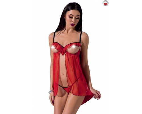 Прозрачный пеньюар с открытой грудью CHERRY CHEMISE red L/XL - Passion Exclusive, трусики