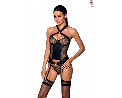 Сетчатый комплект корсет с халтером, съемные подвязки и трусики Amanda Corset black L/XL - Passion