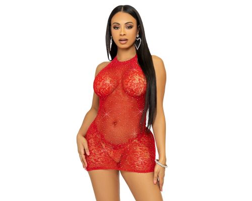 Leg Avenue Rhinestone halter mini dress OS Red