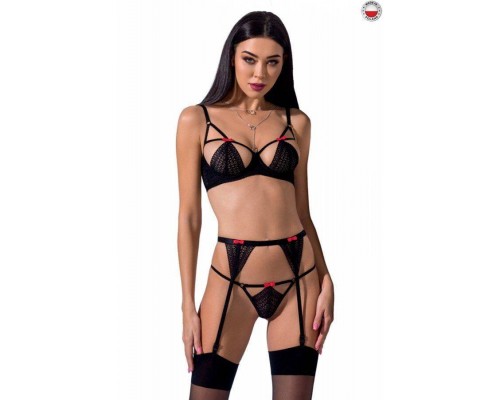 Комплект белья PERDITA SET black L/XL - Passion Exclusive: стрэпы: лиф, стринги и пояс для чулок